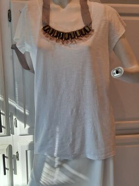 LOFT White Short Sleeve Top with Jeweled Ribbon Neckline & Ruffles